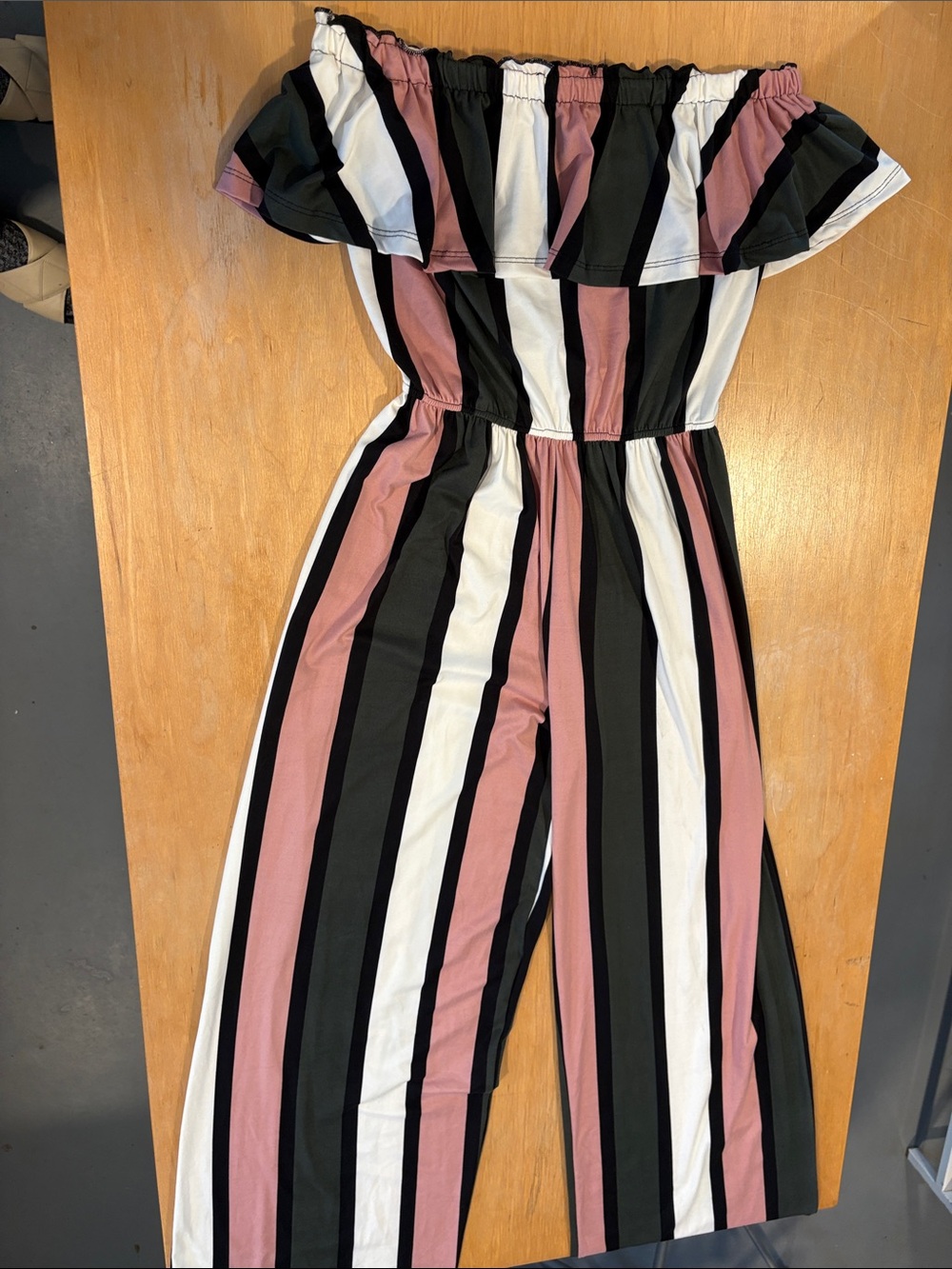 Capella ~ Off-Shoulder Striped Jumpsuit Carbon Black White & Dusty Rose Pink